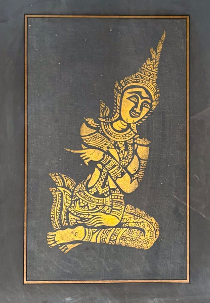 MID CENTURY THAI TEMPLE RUBBING ART DANCER IN GILDED FRAME, MATTED & UNDER GLASS | 23.25"H X 16.25" W