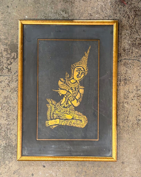 MID CENTURY THAI TEMPLE RUBBING ART DANCER IN GILDED FRAME, MATTED & UNDER GLASS | 23.25"H X 16.25" W