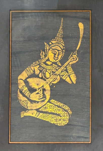 MID CENTURY THAI TEMPLE RUBBING ART OF MUSICIAN IN GILDED FRAME, MATTED & UNDER GLASS | 23.25"H X 16.25" W