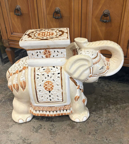 VINTAGE CERAMIC ELEPHANT GARDEN STOOL PLANT STAND | 17"H X 22"W X 9"D