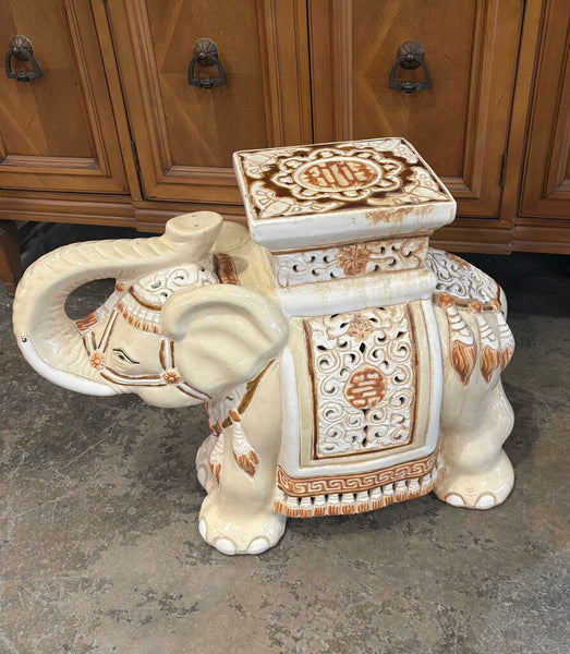 VINTAGE CERAMIC ELEPHANT GARDEN STOOL PLANT STAND | 17"H X 22"W X 9"D