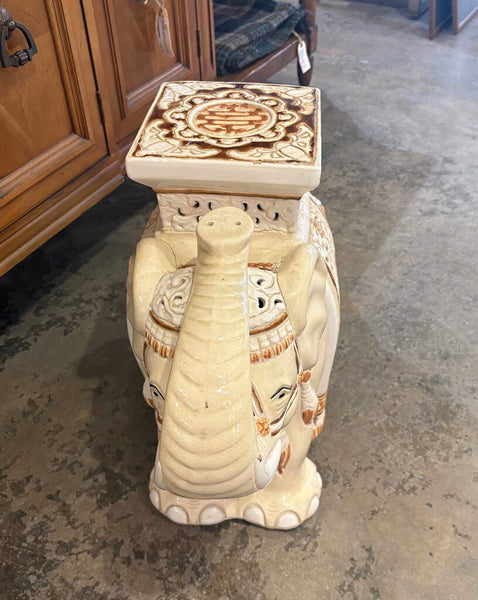 VINTAGE CERAMIC ELEPHANT GARDEN STOOL PLANT STAND | 17"H X 22"W X 9"D