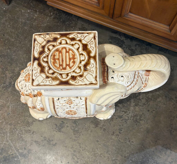 VINTAGE CERAMIC ELEPHANT GARDEN STOOL PLANT STAND | 17"H X 22"W X 9"D