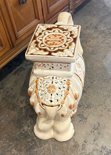 VINTAGE CERAMIC ELEPHANT GARDEN STOOL PLANT STAND | 17"H X 22"W X 9"D
