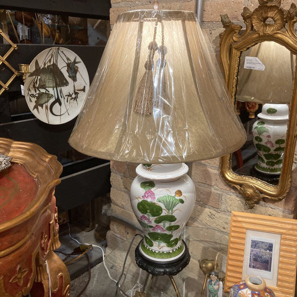 Vintage Chinese porcelain floral lamp (pink & green) 18" high