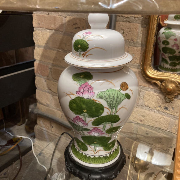 Vintage Chinese porcelain floral lamp (pink & green) 18" high