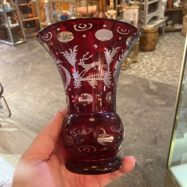 antique bohemian ruby glass vase handetched