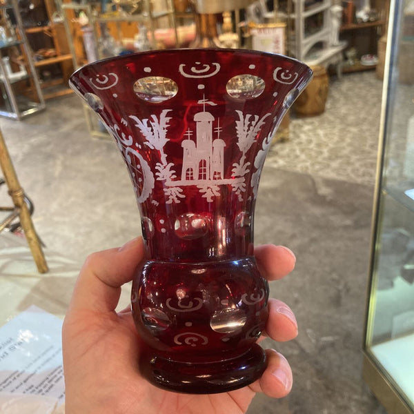 antique bohemian ruby glass vase handetched