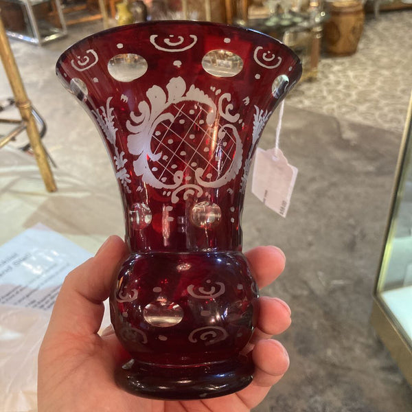 antique bohemian ruby glass vase handetched