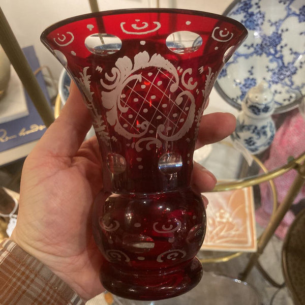 antique bohemian ruby glass vase handetched