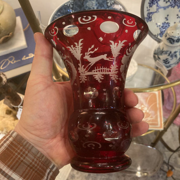 antique bohemian ruby glass vase handetched