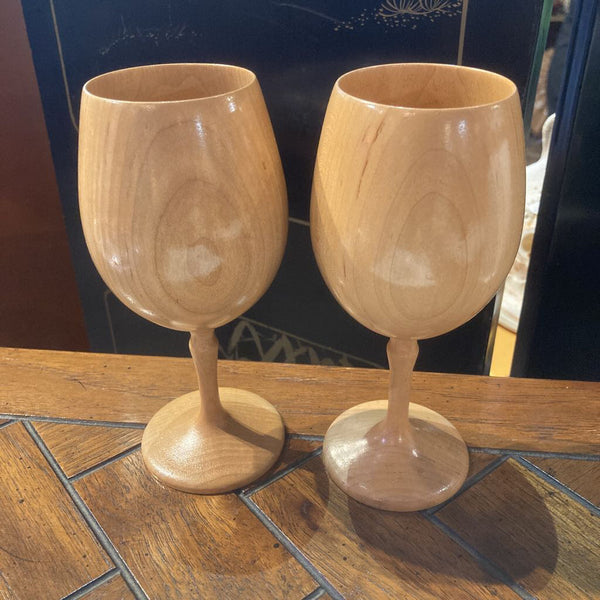 Pair artisan solid maple goblets, 6.5 tall in.)