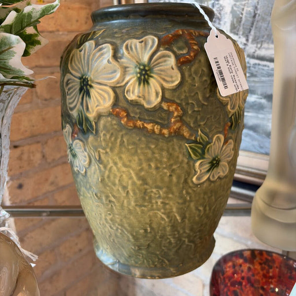 Huge Early Roseville Dogwood 10x7.5 inch vase with RV mark