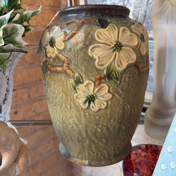 Huge Early Roseville Dogwood 10x7.5 inch vase with RV mark