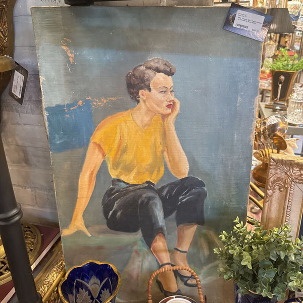 1954 Tomboy Girl in Pants Painting on Canvas as found 18x30