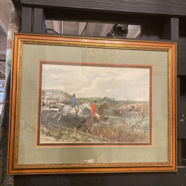 Beautiful hand colored antique English print, Hunt Club. Custom frame 24Lx19h inches)