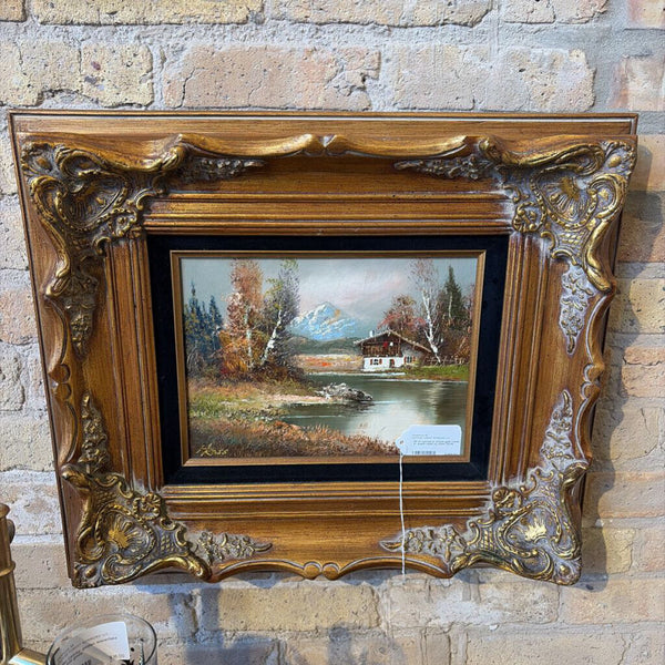 Oil on canvas in ornate gold frame of quaint cabin by Ross 22x19