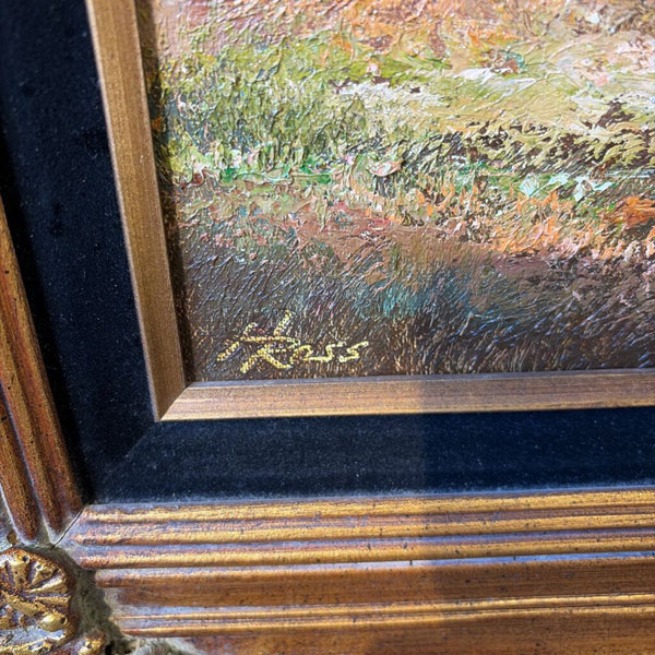 Oil on canvas in ornate gold frame of quaint cabin by Ross 22x19