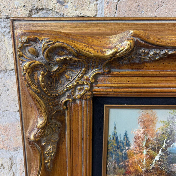 Oil on canvas in ornate gold frame of quaint cabin by Ross 22x19