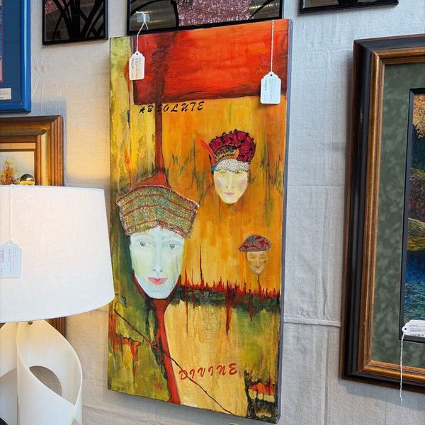 Mixed media painting of floating heads by local artist 18x36 for pick up only
