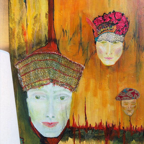 Mixed media painting of floating heads by local artist 18x36 for pick up only