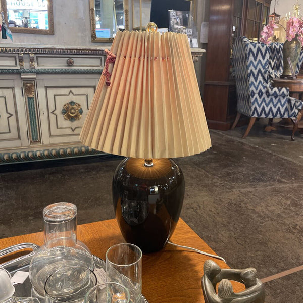 Dark Brown Ceramic Lamp With Pleated Shade