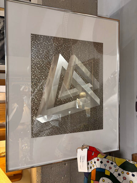 Mcm framed foil abstract geometric original art piece -in the manner of Oscar Reutersvaard -in store pick up only