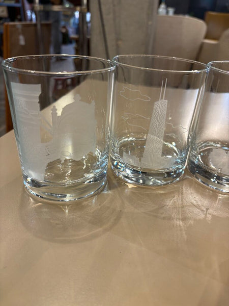 Set of 5 Marshall Fields etched Chicago double old fashioneds