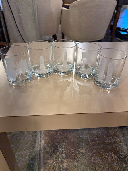 Set of 5 Marshall Fields etched Chicago double old fashioneds