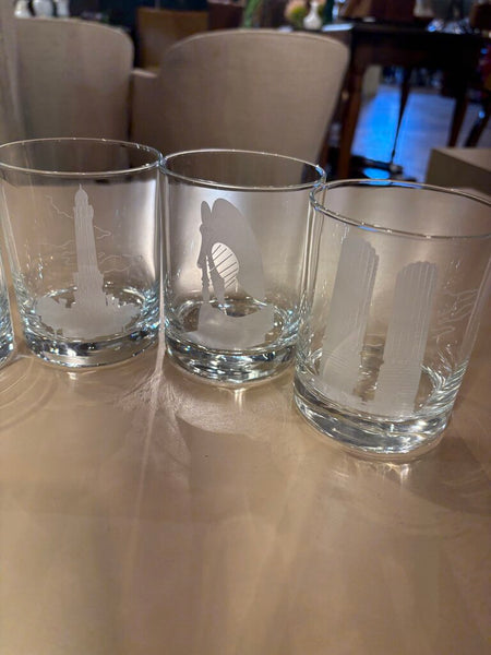 Set of 5 Marshall Fields etched Chicago double old fashioneds