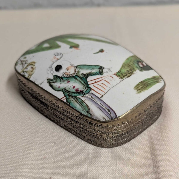 Slvr Plate & Porcelain Chinese Snuff Box LSBJ