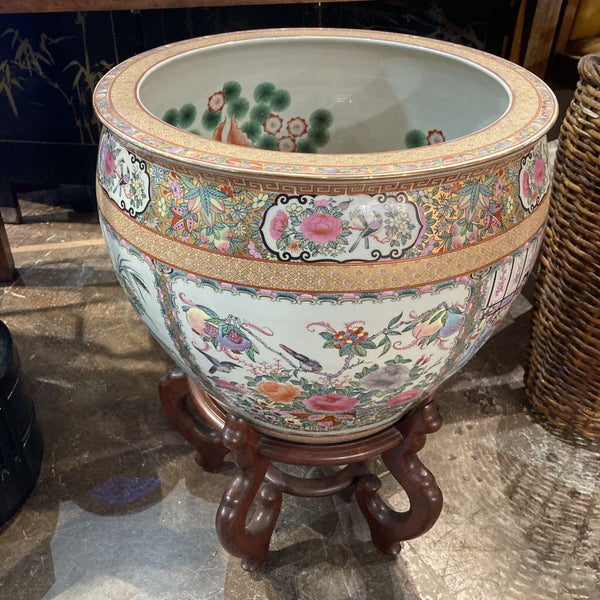 Vintage Rose Medallion Fish Bowl Planter w/ Stand 24in H x 17in W