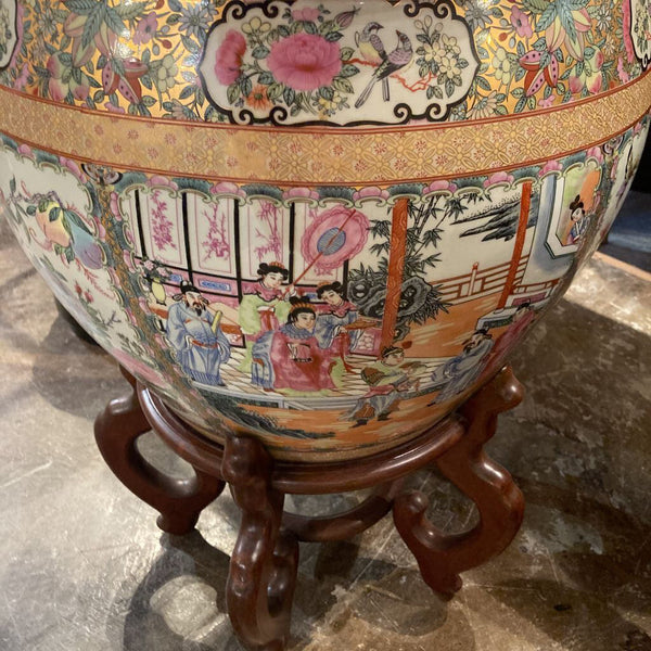 Vintage Rose Medallion Fish Bowl Planter w/ Stand 24in H x 17in W