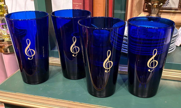 COBALT BLUE VINTAGE TUMBLERS WITH GOLD TREBLE CLEF BY ALBERT ELOVITZ - SET OF FOUR | 5.75"H X 3.25"W