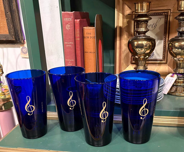 COBALT BLUE VINTAGE TUMBLERS WITH GOLD TREBLE CLEF BY ALBERT ELOVITZ - SET OF FOUR | 5.75"H X 3.25"W