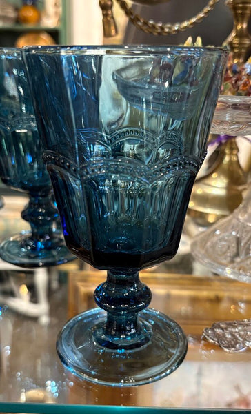 SAPPHIRE BLUE VINTAGE GOBLETS W/BEADED ARCHED ACCENT -SET OF 6 | 5.75"H X 3.25"W