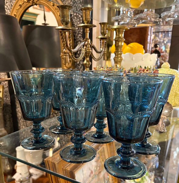 SAPPHIRE BLUE VINTAGE GOBLETS W/BEADED ARCHED ACCENT -SET OF 6 | 5.75"H X 3.25"W