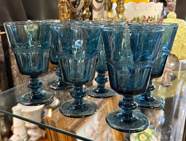 SAPPHIRE BLUE VINTAGE GOBLETS W/BEADED ARCHED ACCENT -SET OF 6 | 5.75"H X 3.25"W