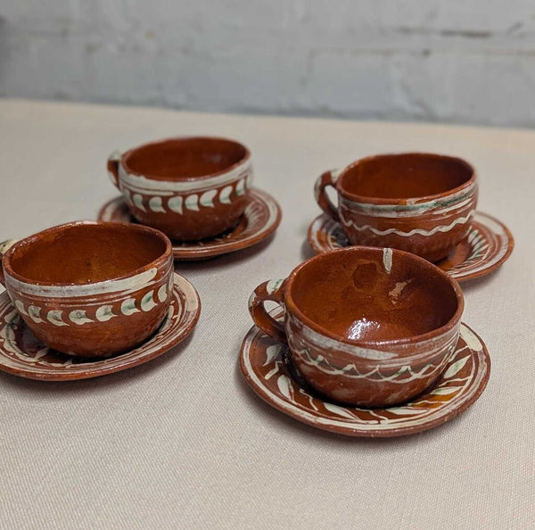 Mexican Redware Chocolate Cup & Saucer, Set of 4 LSBJ