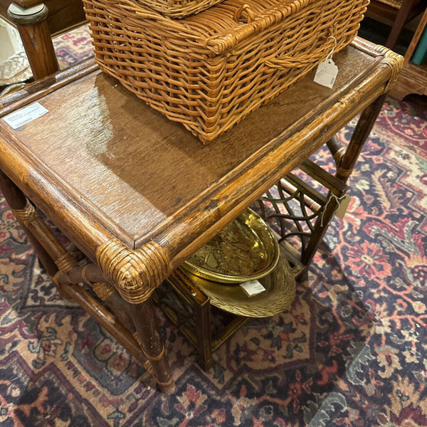 Vintage round rattan foot stool or plant stand