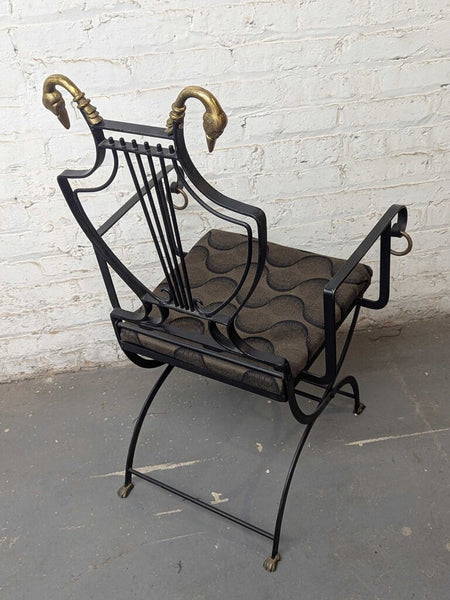 Maison Jansen Style Lyre Back Arm Chair Wrought Iron & Brass Swan Detail, IN STORE PICK-UP ONLY LSBJ