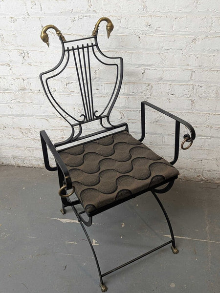 Maison Jansen Style Lyre Back Arm Chair Wrought Iron & Brass Swan Detail, IN STORE PICK-UP ONLY LSBJ