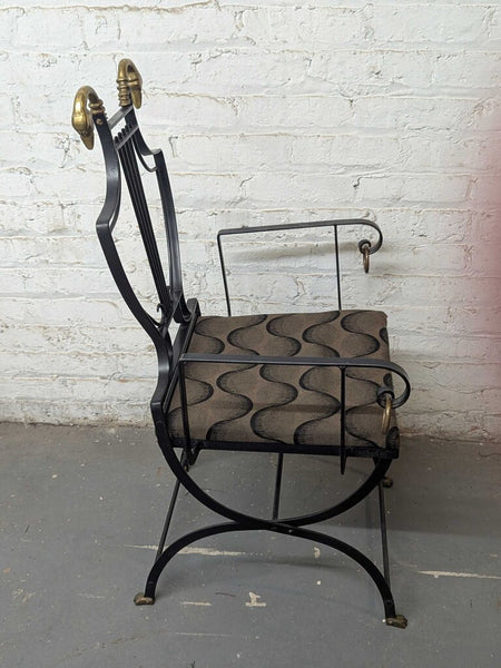 Maison Jansen Style Lyre Back Arm Chair Wrought Iron & Brass Swan Detail, IN STORE PICK-UP ONLY LSBJ