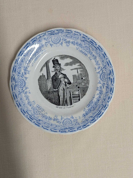 Antique French Talking Plate Transferware - Poodle Scene c. 1890 LSBJ