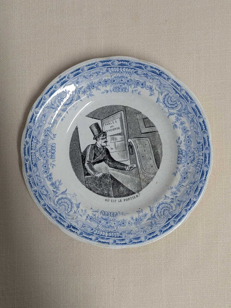 Antique French Talking Plate Transferware - Concierge Scene c. 1890 LSBJ