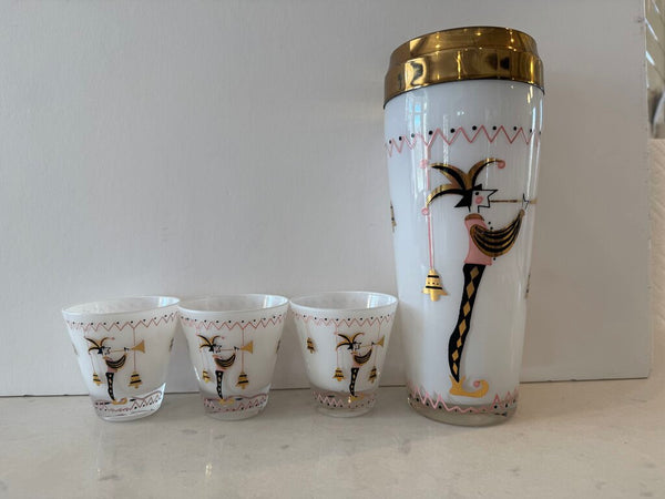 Gay Fad Jester Cocktail Shaker w/3 Low Ball Glasses SET Barware