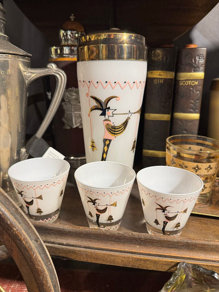 Gay Fad Jester Cocktail Shaker w/3 Low Ball Glasses SET Barware