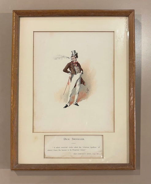 VINTAGE ART PRINT OF CHARLES DICKENS CHARACTER DICK SWIVELLER IN WOODEN FRAME, MATTED AND UNDER GLASS | 14"H X 11"W