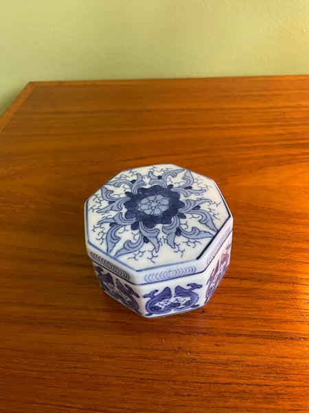 Hexagonal Porcelain Tinket Box - Blue and White