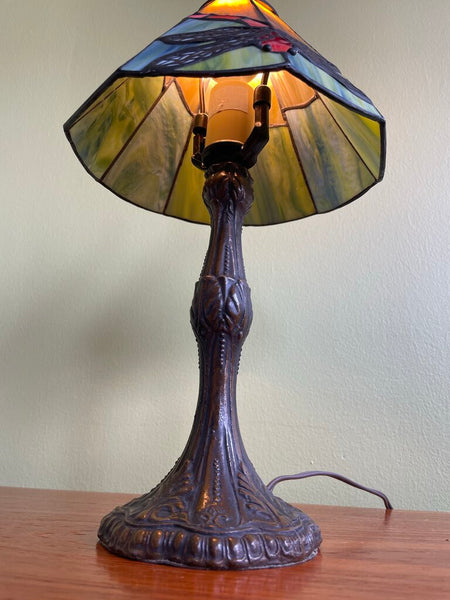 Vintage Stained Glass Drangon Fly Lamp - Small 15 in tall FIRM